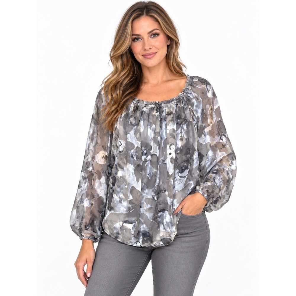 White House Black Market Silk Blend Blouse Small Gray Abstract Floral Off Should